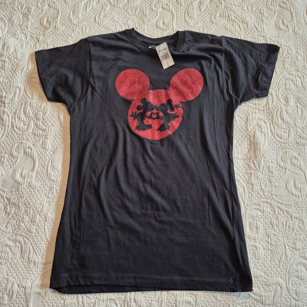 Disney girls XL Mickey & Minnie black red glitter ears short sleeve shirt NEW
